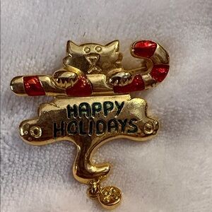 Newpro Holiday Cat Hanging from a Candy Cane Brooch